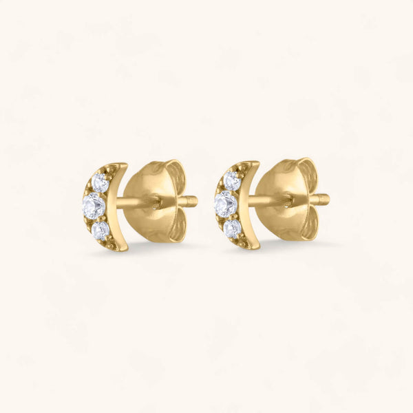 Pave Moon Studs in 14k Gold